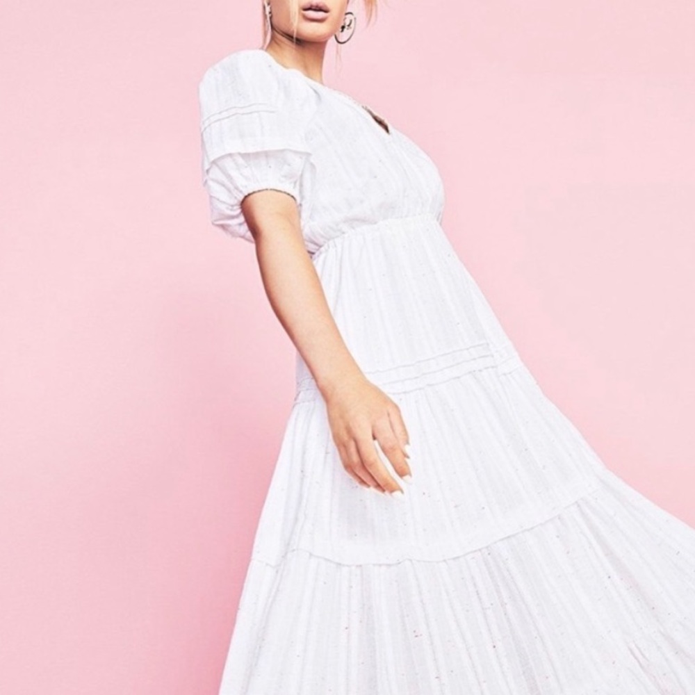 Betsey Johnson Spectator puff sleeve maxi dress in white with colorful speckles